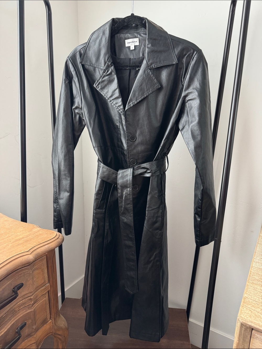 Superdown Black Leather Long Coat with Notch Collar